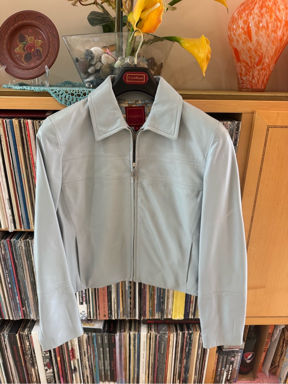 PRICE DROP: NWOT,COLE HAAN, M, logo-lined, BLUE-GRAY LAMBSKIN LEATHER Jacket